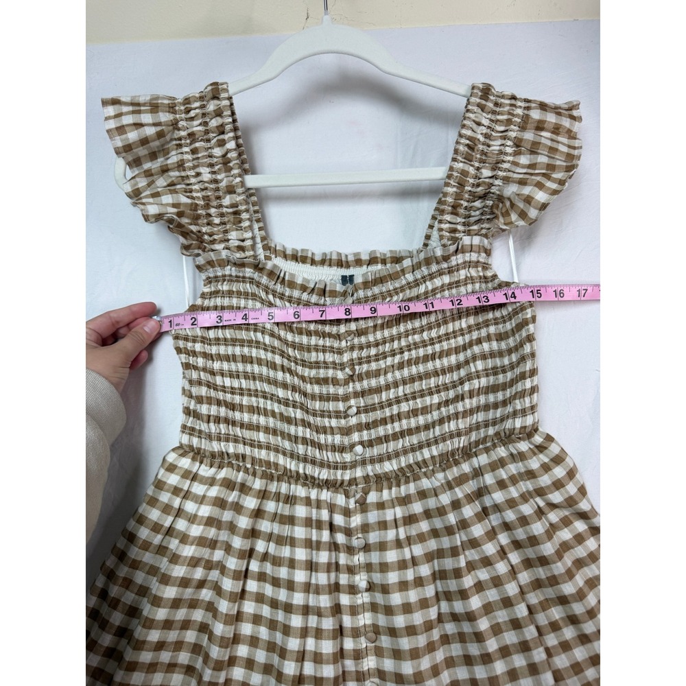 Anthropologie Brown Gingham Smocked Mini Dress Ruffle Button Front Cottagecore M - Picture 4 of 7